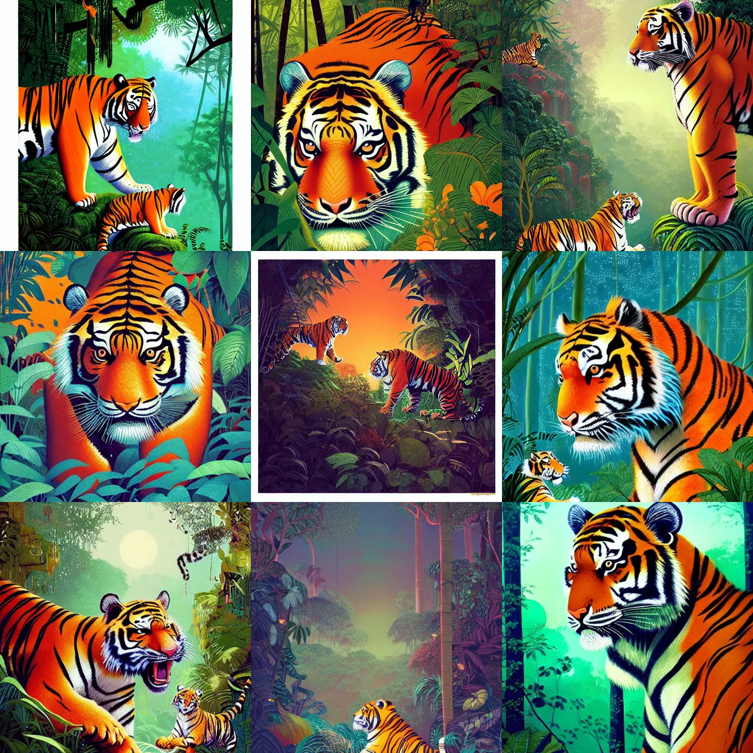 Prompt: a gorgeous, fantastic, tiger in the jungle by victo ngai, ( thomas kincade ), trending on artstation, artgerm, acrylic on canvas, muted colors