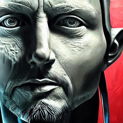 Image similar to collages, hyper realistic, many variations of very old thom yorke, face variations, statue of ultron by jama jurabaev, very long shot, cybernetic, high quality, brush stroke