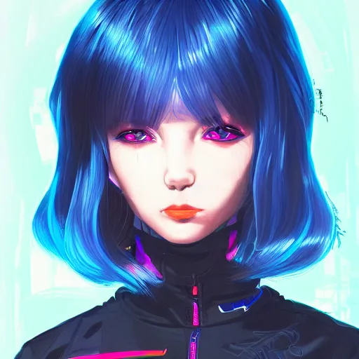 Prompt: poster woman with futuristic streetwear and hairstyle, colourful, cute face, anime eyes, dynamic portrait, full face shot, intricate eyes, beautiful, elegant, Anime by Kuvshinov Ilya, Cushart Krentz and Gilleard James, 4k, HDR, Trending on artstation, Behance, Pinterest, award winning