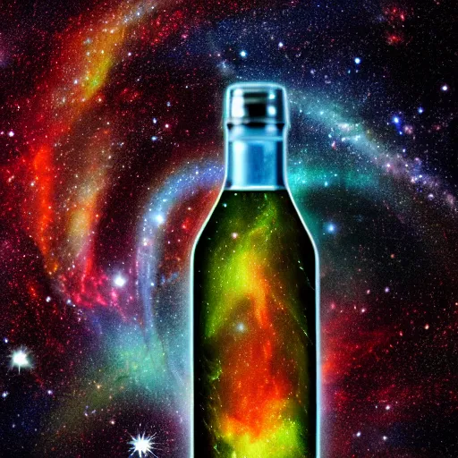 Prompt: galaxies, planets and stars trapped in a glass bottle, dark background, bioluminecent colors, highly detailed, vivid, digital art