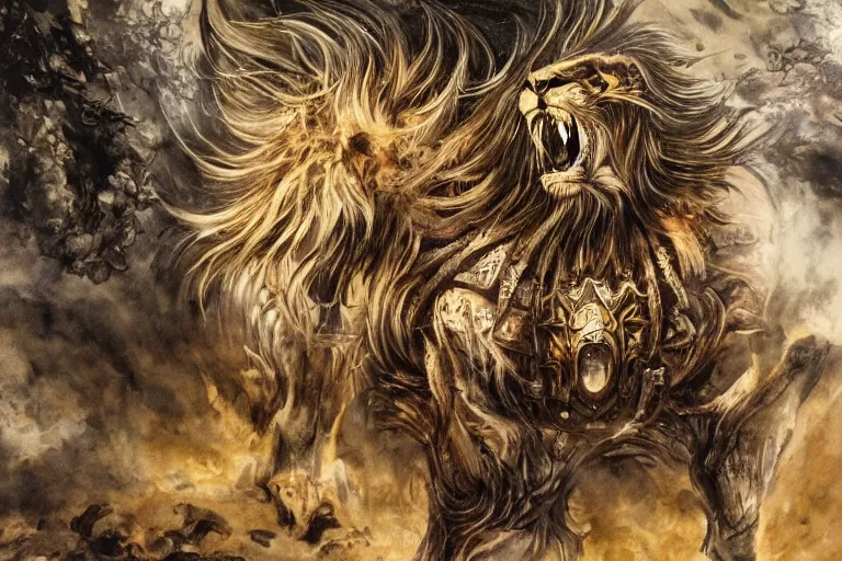 Image similar to 8k Yoshitaka Amano painting of upper body of a young cool looking lion beast-man at a medieval market at windy day. White mane, Depth of field. He is wearing complex fantasy armors. He has huge paws. Renaissance style lighting.