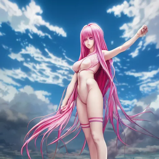 Image similar to hyperrealistic picture of a anime maiken ki girl, stunning 3d render inspired art by P. Craig Russell and Barry Windsor-Smith, long flowing pink hair, pale skin, full body, confident pose, 8k octane beautifully detailed render, post-processing, extremely hyperdetailed, intricate, epic composition, grim yet sparkling atmosphere, cinematic lighting, masterpiece, trending on artstation, masterpiece