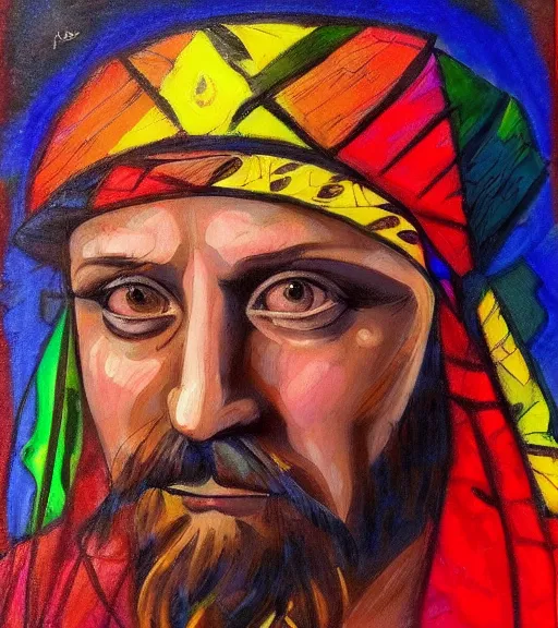 Image similar to Portrait painting in a style of Da Vinci of an old shaman dressed in a colorful traditional clothes.