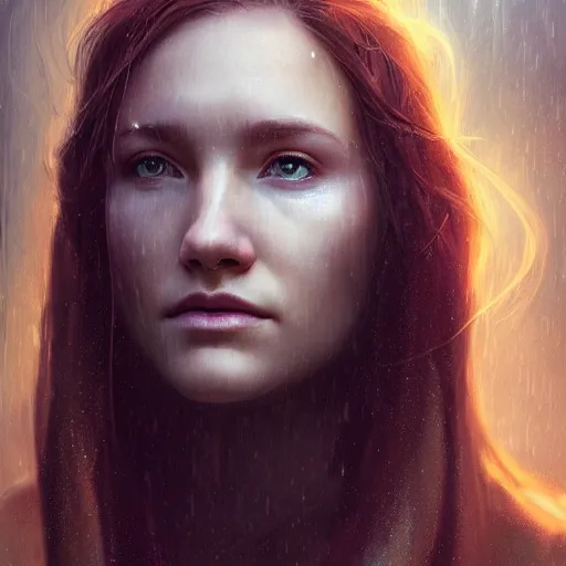 Image similar to Beautiful aesthetically pleasing female oracle of Delphi portrait, face centered portrait, Confident, fog, rain, volumetric lighting, beautiful, golden hour, sharp focus, ultra detailed, conceptartworld by Leesha Hannigan, Ross Tran, Thierry Doizon, Kai Carpenter, Ignacio Fernández Ríos