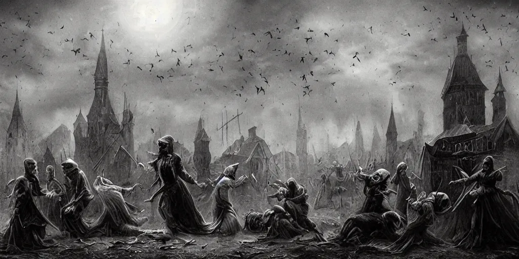 Image similar to the plague is coming to town, dark, mystic, night, anger, desperation