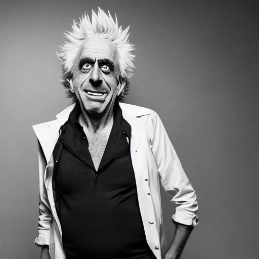 Image similar to Studio photograph of Rick Sanchez from Rick & Morty, taken by Annie Leibovitz