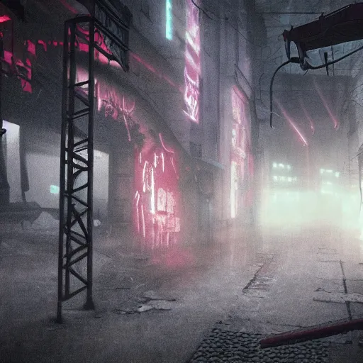 Image similar to silent hill foggy synthwave town ruins neon red and blue shadows dark scary giant evil scary red pyramid head covered in glowing runes lens flares shadow distortion cyberpunk splatterpunk 8 0 s nightmare