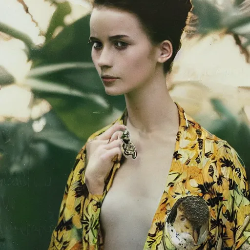 Image similar to head to shoulder portrait Polaroid film photograph of an elegant top model wearing a yellow kimono with a very detailed barn owl on her shoulder!!! in a tropical greenhouse. looking at the camera!!. super resolution. Polaroid 600 film. art by Alessio albi and john william waterhouse and John Singer Sargent