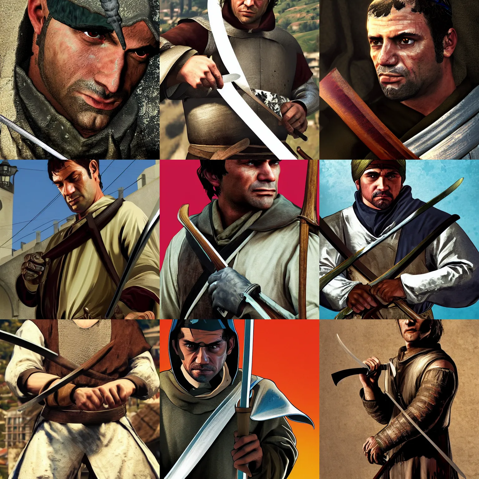 Image similar to Medieval swordsman, closeup, detailed, GTA V poster