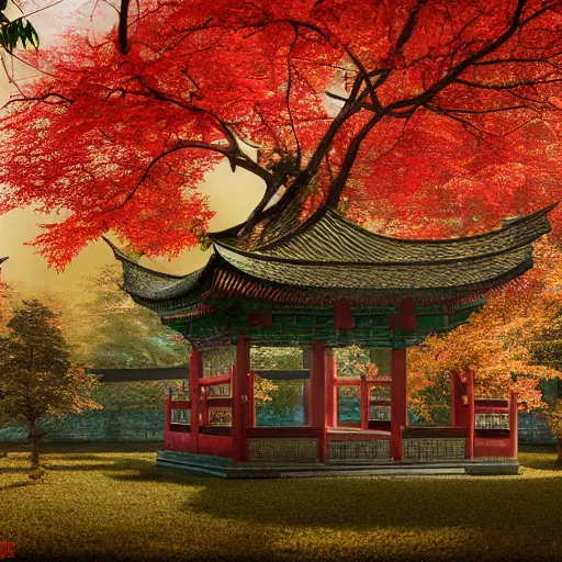 Image similar to cozy tang dynasty shrine in a maple forest during autum, red leaves, award winning fantasy concept art, high octane render, 8k resolution, high definition