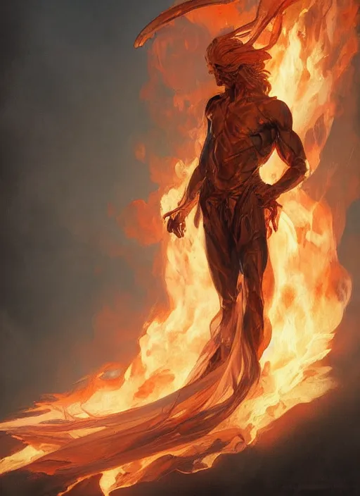 Image similar to a man made of fire and smoke, male, full body view, beautiful high quality realistic fantasy art, trending on artstation by artgerm and greg rutkowski and alphonse mucha