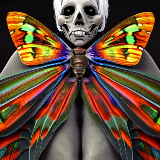 Image similar to a portrait of a skelton with moth wings, highly detailed, digital photo, hdri, by christopher bretz and john carpenter, vivid colors, high contrast, 8 k resolution, intricate, photorealistic, smooth, psychedelic color scheme, concept art, award winning, cg society contest winner