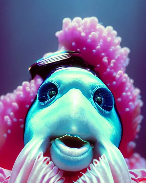 Image similar to natural light, soft focus portrait of a cyberpunk anthropomorphic clown fish with soft synthetic pink skin, blue bioluminescent plastics, smooth shiny metal, elaborate ornate head piece, piercings, skin textures, by annie leibovitz, paul lehr