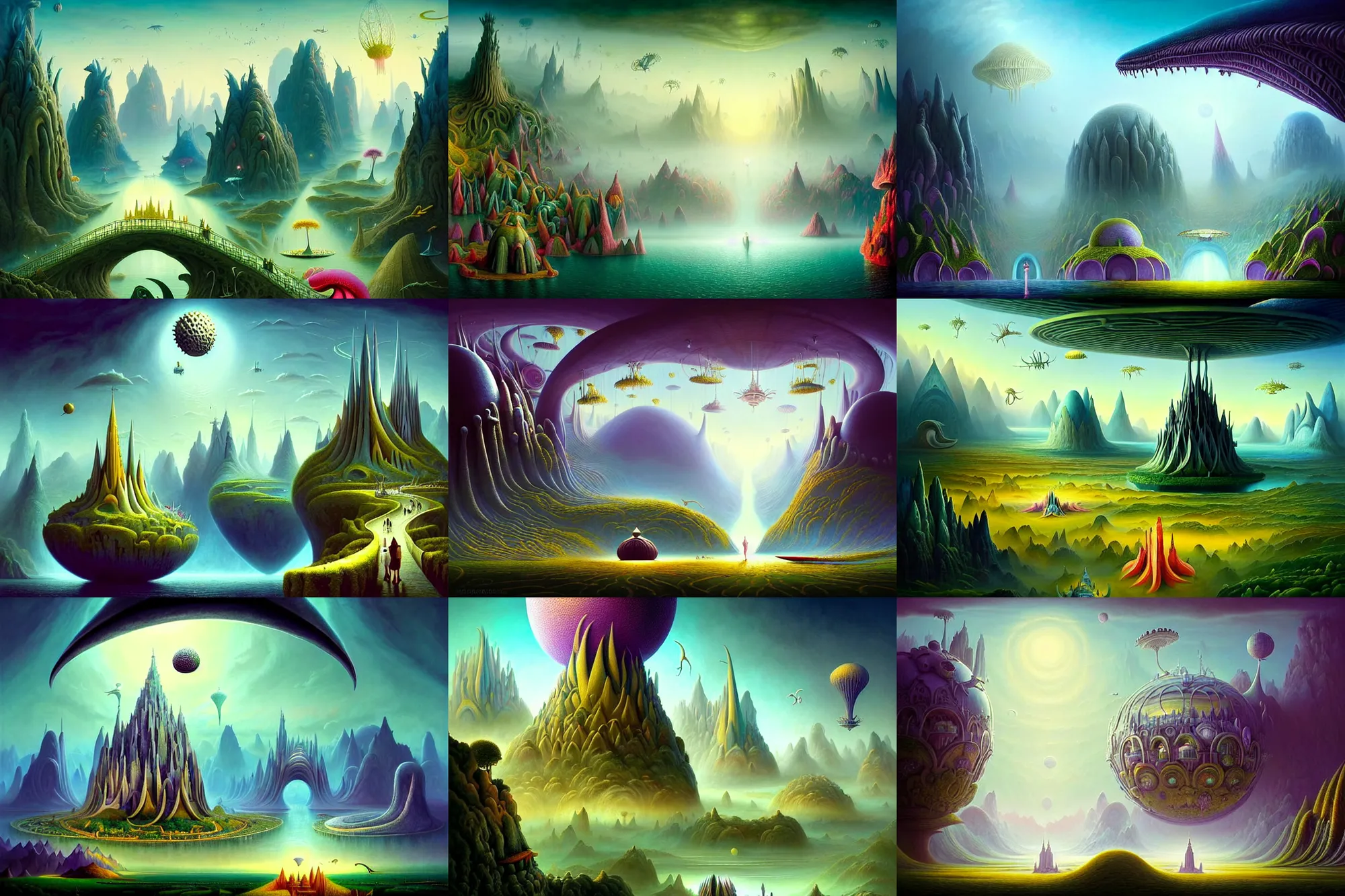 Prompt: a beautiful epic stunning amazing and insanely detailed matte painting of alien dream worlds with surreal architecture designed by Heironymous Bosch, mega structures inspired by Heironymous Bosch's Garden of Earthly Delights, vast surreal landscape and horizon by Asher Durand and Cyril Rolando, rich pastel color palette, masterpiece!!, grand!, imaginative!!!, whimsical!!, epic scale, intricate details, sense of awe, elite, fantasy realism, complex composition, 4k post processing