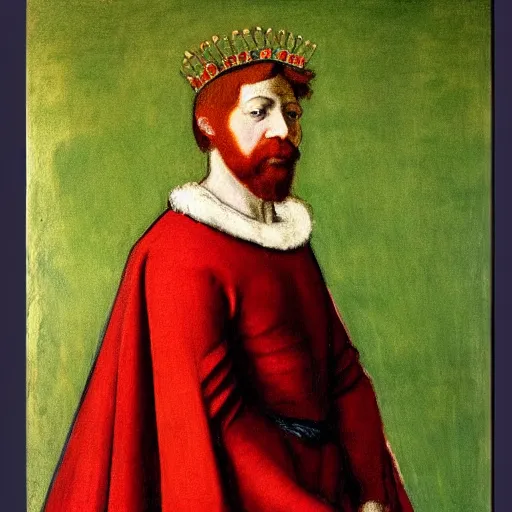 Image similar to a renaissance style full body portrait painting of an extremely muscular red haired man, wearing a crown and green cape, dark background. In the style of Degas.