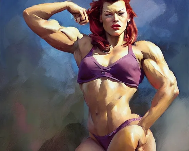 Image similar to greg manchess portrait painting of milla jovovich as beautiful thick female bodybuilder zarya from overwatch, medium shot, asymmetrical, profile picture, organic painting, sunny day, matte painting, bold shapes, hard edges, street art, trending on artstation, by huang guangjian and gil elvgren and sachin teng