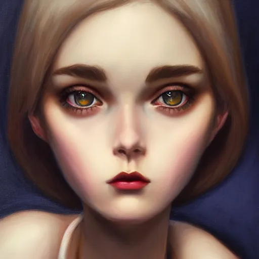 Prompt: a portrait of a beautiful waif girl gothic, bored, illustration, soft lighting, soft details, painting oil on canvas by margaret keane and artgerm, trending on artstation, 4k, 8k, HD