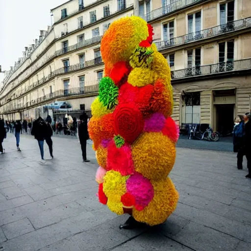 Image similar to giant flower head, woman walking in paris, surreal photography, symmetry, flat space, fanciful, bright colours, detailed, wes anderson