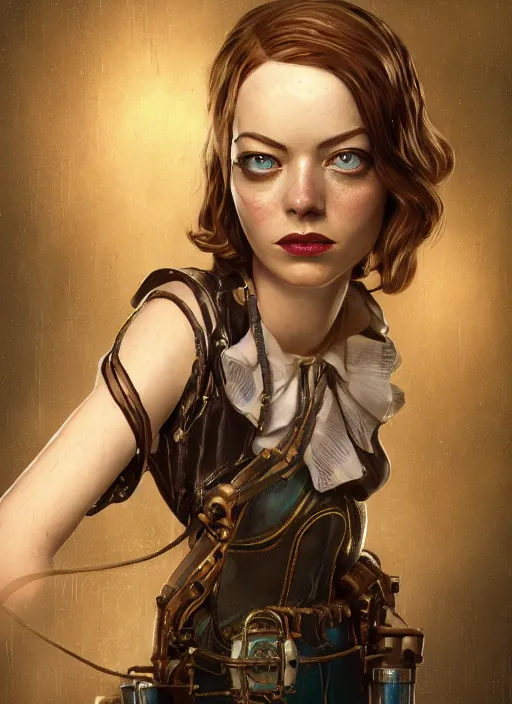 Image similar to Bioshock steampunk portrait of Emma Stone, au naturel, hyper detailed, digital art, trending in artstation, cinematic lighting, studio quality, smooth render, unreal engine 5 rendered, octane rendered, art style by klimt and nixeu and ian sprigger and wlop and krenz cushart.