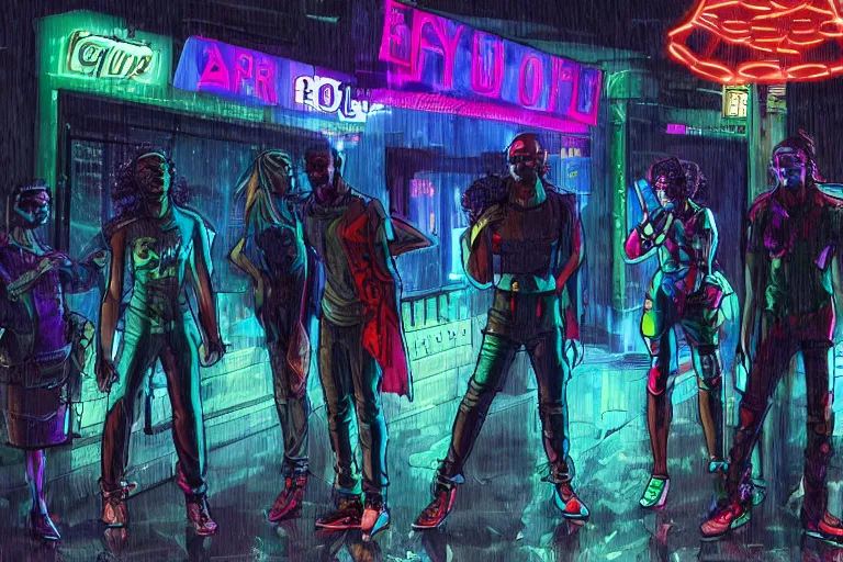 Image similar to a stunning illustration of a group of Afrofuturist cyberpunks standing outside a bar, raining, neon reflections, strong lighting, highly detailed, by Antunesketch, HD, 4K