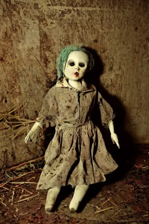 Prompt: creepy dirty cracked vintage doll in darkly lit dusty basement cobwebs blair witch style photo