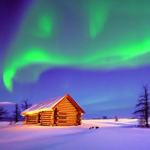 Image similar to log cabin in an icy polar scene, polar bear walking past, lit by bright aurora borealis, by john avon