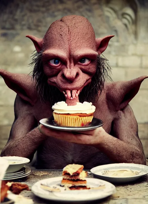 Image similar to closeup portrait of a medieval goblin eating cakes in the cloisters, depth of field, zeiss lens, detailed, symmetrical, centered, fashion photoshoot, by Annie Leibovitz and Steve McCurry, David Lazar, Jimmy Nelsson, Breathtaking, 8k resolution, extremely detailed, beautiful, establishing shot, artistic, hyperrealistic, beautiful face, octane render