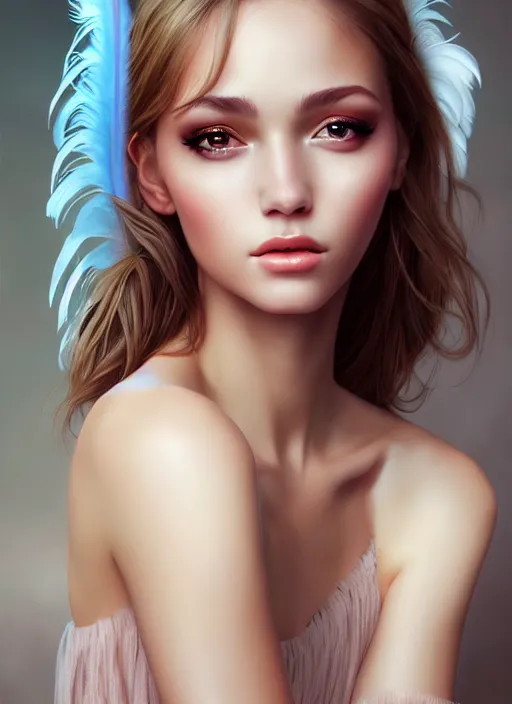 Image similar to a gorgeous female photo, professionally retouched, soft lighting, wearing a feather dress, realistic, smooth face, perfect eyes, wide angle, sharp focus on eyes, 8 k high definition, insanely detailed, intricate, elegant, art by artgerm and wlop