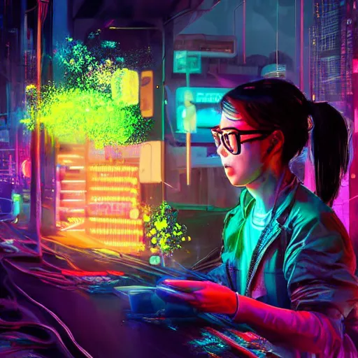 Image similar to portrait of taking a bite out of an edible rgb light with a gooey filling being sold at a road side stand, cyberpunk, high quality, digital art, ue 5,