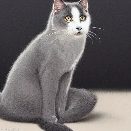 Image similar to a big bored dark gray cat with white belly, white paws and white face markings with long fur and fluffy tail sitting, intricate, elegant, highly detailed, digital painting, artstation, concept art, matte, sharp focus, illustration, art by Artgerm and Greg Rutkowski and Alphonse Mucha