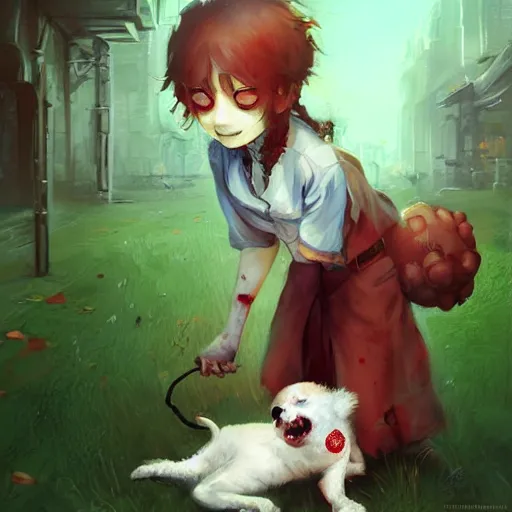 Prompt: A cute zombie playing with a puppy by Marc Simonetti, beautiful anime portrait, official artwork, stylistic, Touhou character, brush strokes, oil, canvas