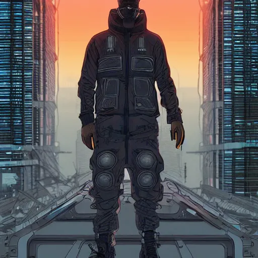 Image similar to a cyberpunk man with implants, techwear, Industrial Scifi, detailed illustration, character portrait, by Martin Grip and Moebius