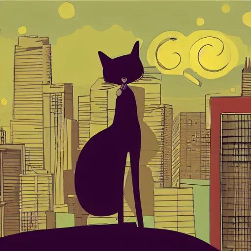 Image similar to woman with short black hair holding a cat looking at a city during the night, anime, simplistic, digital art