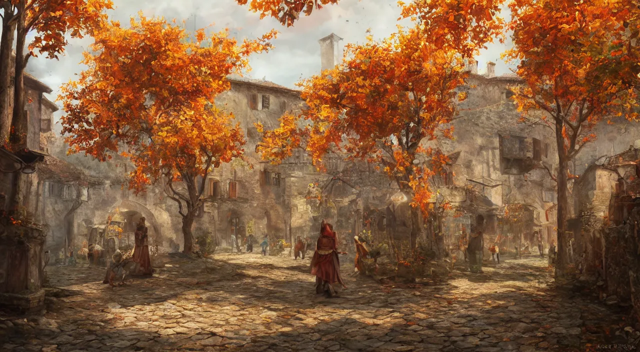 Image similar to high quality concept art from a historical fiction video game set in italy, a village in autumn, beautiful oil painting, concept art, trending on ArtStation, 4K HD, 35mm f/5.0