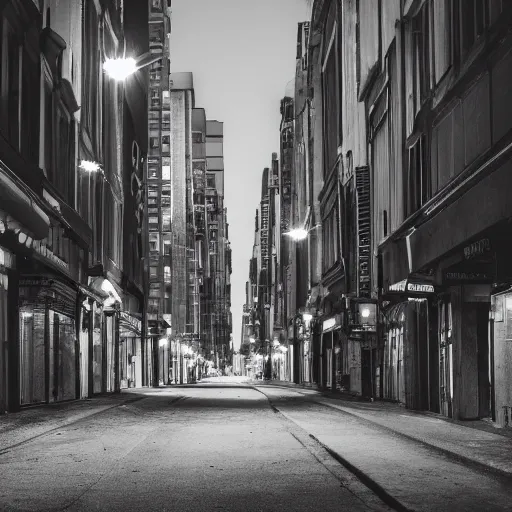 Prompt: A photography of nothingness on the city street at night after the war between humans and AIs by hasior