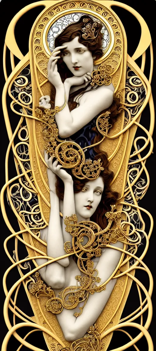 Prompt: the source of future growth dramatic, elaborate emotive Art Nouveau styles to emphasise beauty as a transcendental, seamless pattern, symmetrical, large motifs, hyper realistic, 8k image, 3D, supersharp, Art nouveau 3D curves and swirls, Glass and Gold pipes, flower bouquets silk ribbons and golden chains, swarovski crystals, iridescent and black and shiny gold colors , perfect symmetry, iridescent, High Definition, sci-fi, Octane render in Maya and Houdini, light, shadows, reflections, photorealistic, masterpiece, smooth gradients, no blur, sharp focus, photorealistic, insanely detailed and intricate, cinematic lighting, Octane render, epic scene, 8K