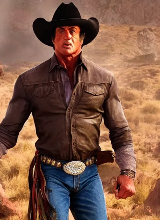 Image similar to an film still of sylvester stallone as cowboy, western background, unreal engine. amazing likeness. very detailed.