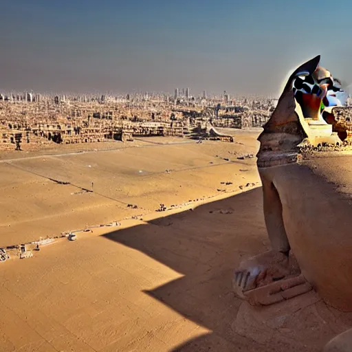 Image similar to the sphynx of giza, cinematic lighting, bird's - eye view