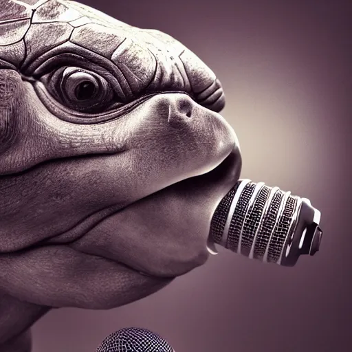 Image similar to a old turtle speaking to a condenser microphone in a studio, digital art by łukasz piskorz and patrick mcenvoy and michael komarck, intricate, highly detailed, artstation, concept art, smooth, sharp focus photo centered