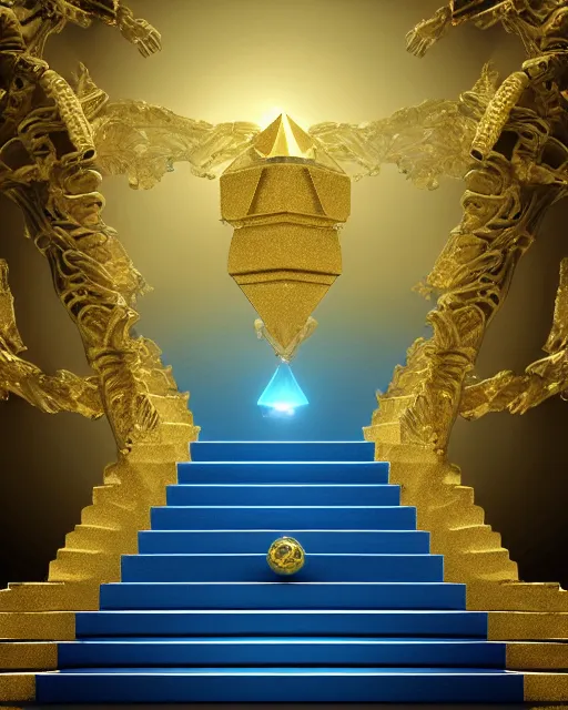 Image similar to scientifically realistic render scifi gold staircase to royal temple carved out of marble skeleton and blue gems and cyan crystal rendered in octane