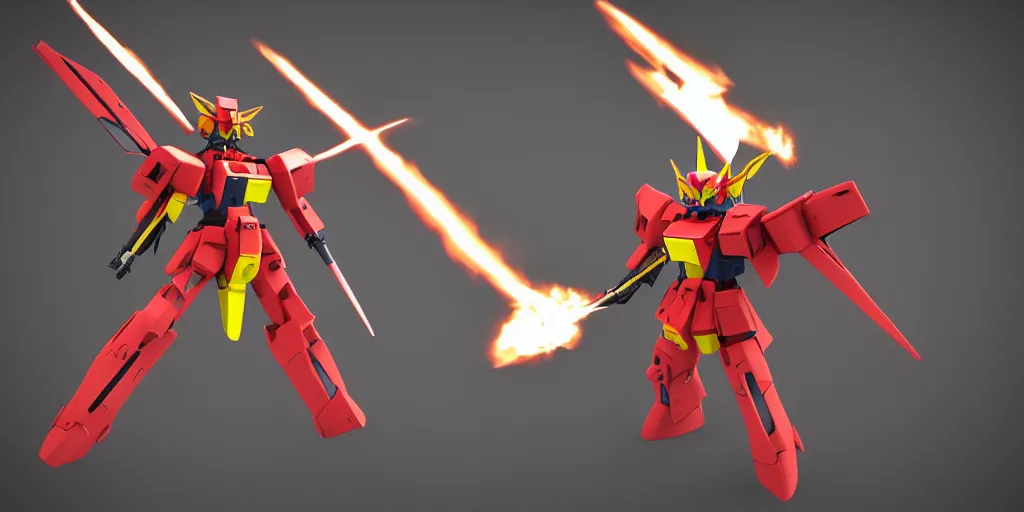 Image similar to 3 d model of a socialist gundam with fire wings, cinematic lighting, dramatic scene, plasma, highly detailed