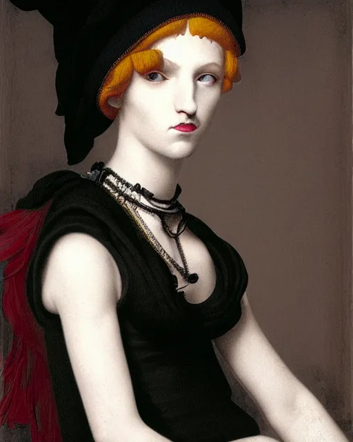 Image similar to photo-realistic portrait of a young pale woman with green hair, wearing a black t-shirt by Vivienne Westwood, intricate details, super-flat, in the style of James Jean, Jean Auguste Dominique Ingres, black background