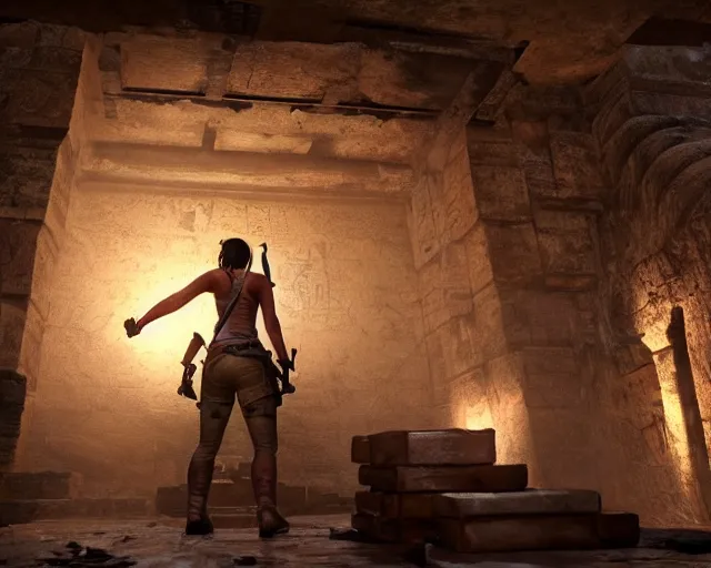 Prompt: screenshot of tomb raider uncharted indiana jones game ps 5, an ancient undiscovered egyptian treasure room entirely made of shiny gold walls, chest full of ingots and gems and precious, concept art, architecture design, pyramids style, rtx, nvidia, renderer, stunning graphics