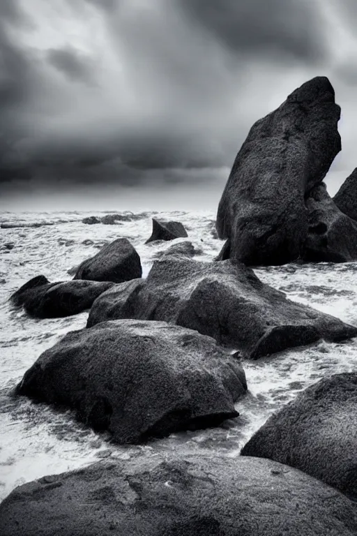 Image similar to a stormy sea shore with brutalist giant architectural rocks, grey tones, 8k resolution, dramatic sky, 3D, depth of field, futuristic , detailed digital art