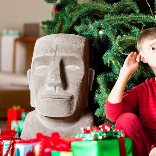 Image similar to a kid at christmas disappointed and sad that his present was a giant moai statue | inside of a house next to a christmas tree