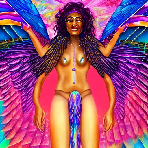 Image similar to isis depicted as a black woman with large iridescent wings in front of a crystal pyramid by Aliza Razell, lisa frank, and android jones, oil on canva