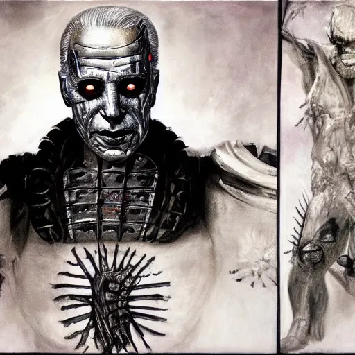 Image similar to painting of Joe Biden as a cenobite, Hellraiser concept art by H.R. Giger, Joel-Peter Witkin, Stephen Gammell, and Beszinski