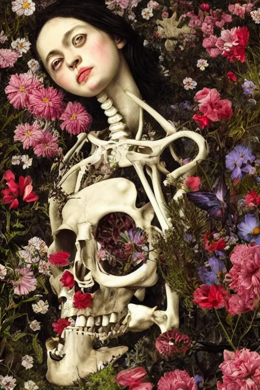 Image similar to a person lying among flowers and bones, large eyes and lips and is dreaming about mortality, HD Mixed media collage, depth of field, liminal space, highly detailed and intricate, surreal illustration in the style of Caravaggio, baroque dark art