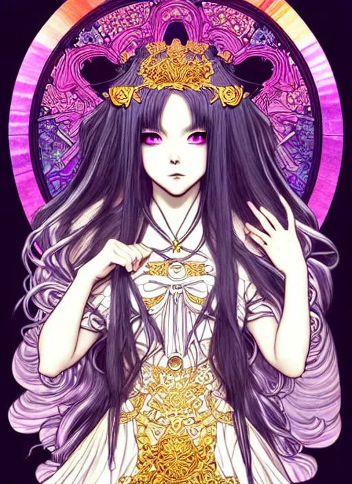 Image similar to highly detailed terada katsuya legend of the cryptids atrstation manga poster of princess mechine, anotherwanderer, rainbow gradient reflection, cute face by artgerm, art nouveau, long hair, armor, dress, laces, ruffles, 8 k, maximalist, golden ratio, alphonse mucha