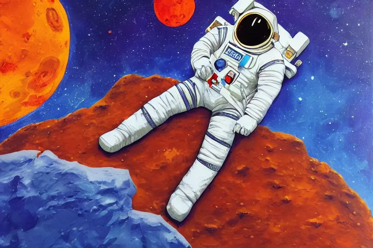 Image similar to an astronaut laying on mars in the style of flooko, acrylic art, detailed, moonlight